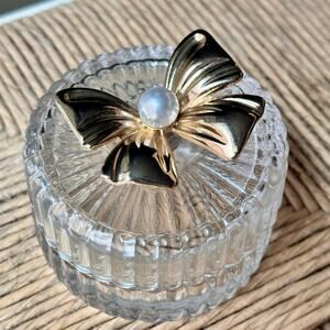 Vintage Pressed Glass Trinket Jar with Gold Bow Lid & Faux Pearl Accent